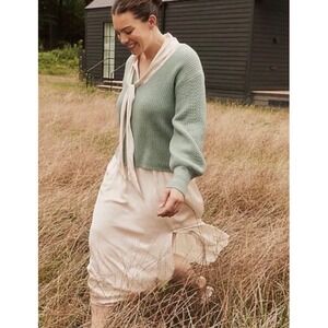 New J Crew S Long Sleeve Featherweight Satin Tie Neck Dress BD408 Ivory Ethereal